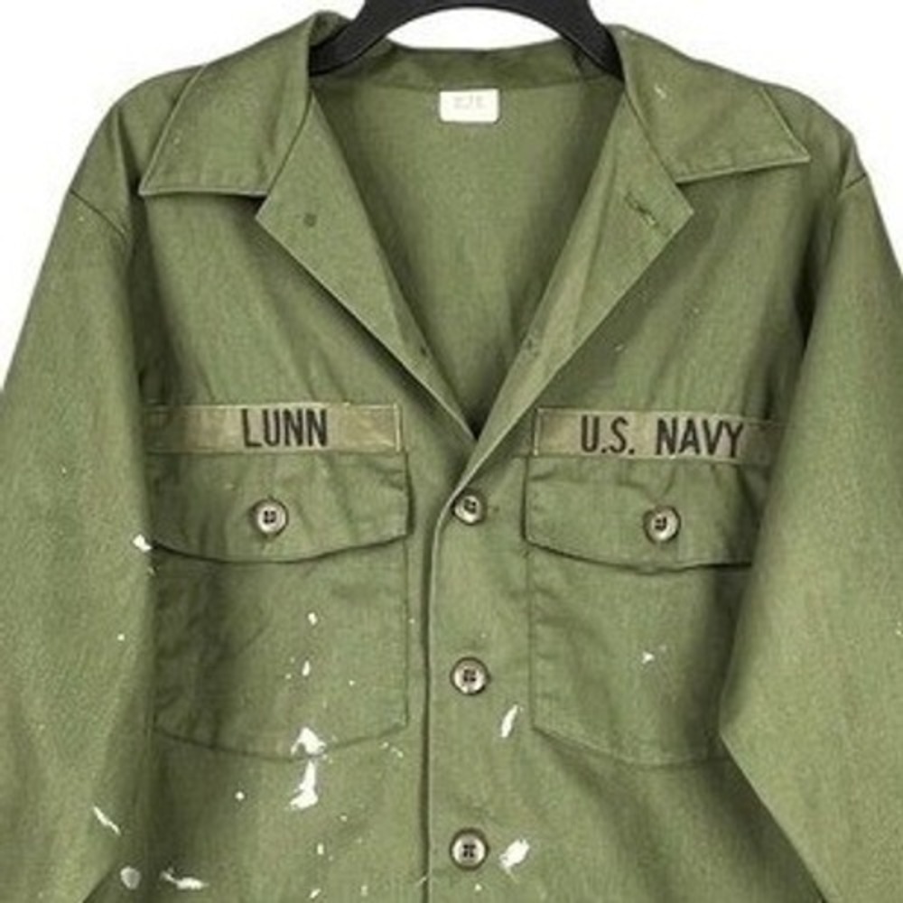 Vintage 70s US Navy Utility Shirt Mens 16.5 L Olive Paint Splatter Military